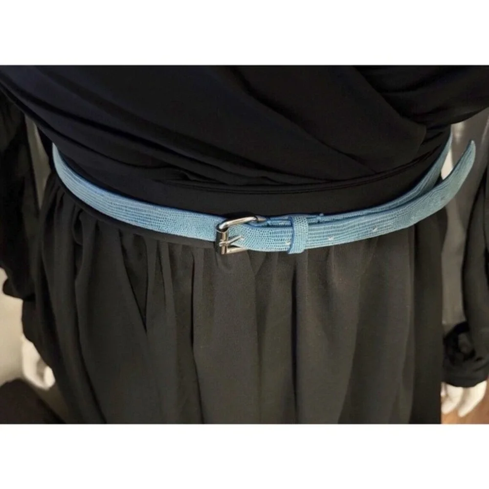 Ann Taylor Blue Lizard‎ Embossed Genuine Leather Slim Belt Silver Buckle S 47-85